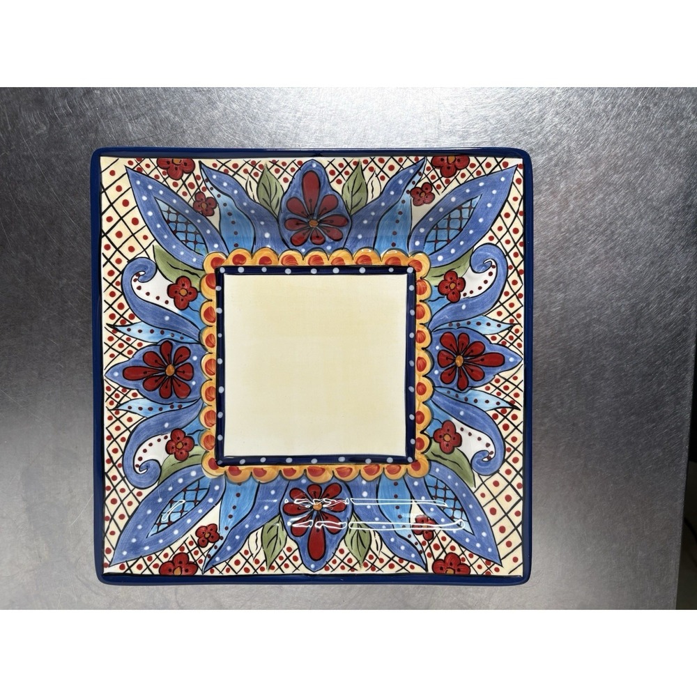 España Toluca 11" Square Platter Hand Painted Floral Ceramic Tabletops Unlimited